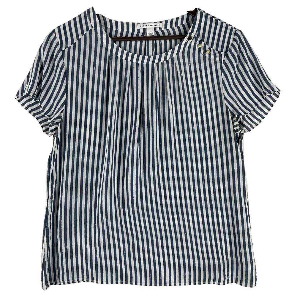 Banana Republic Womens Size 14 Navy White Striped 100% Silk Pleated Blouse Top
